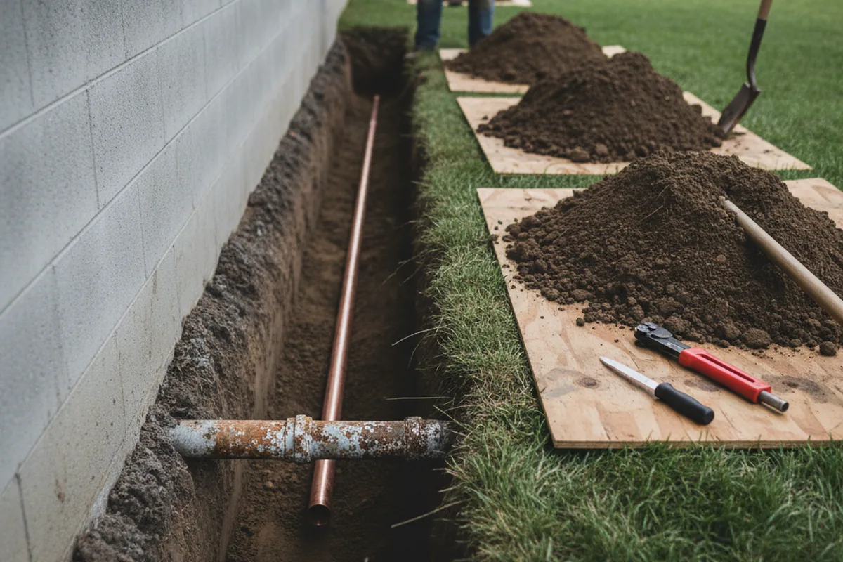 Excavated water line trench during Sewer Line Repair in Lavallette